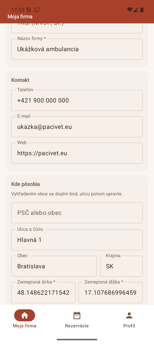 Editing the company details in the app